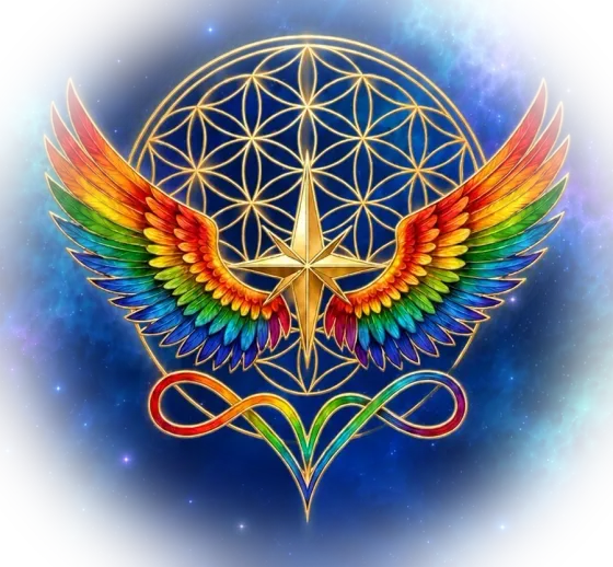 The Universe, Amaze Me logo: rainbow angel wings around a gold star, in a flower of life circle