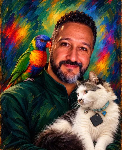 Painted portrait of Nate Micó holding his cat Ollie, with a rainbow lorikeet on his shoulder